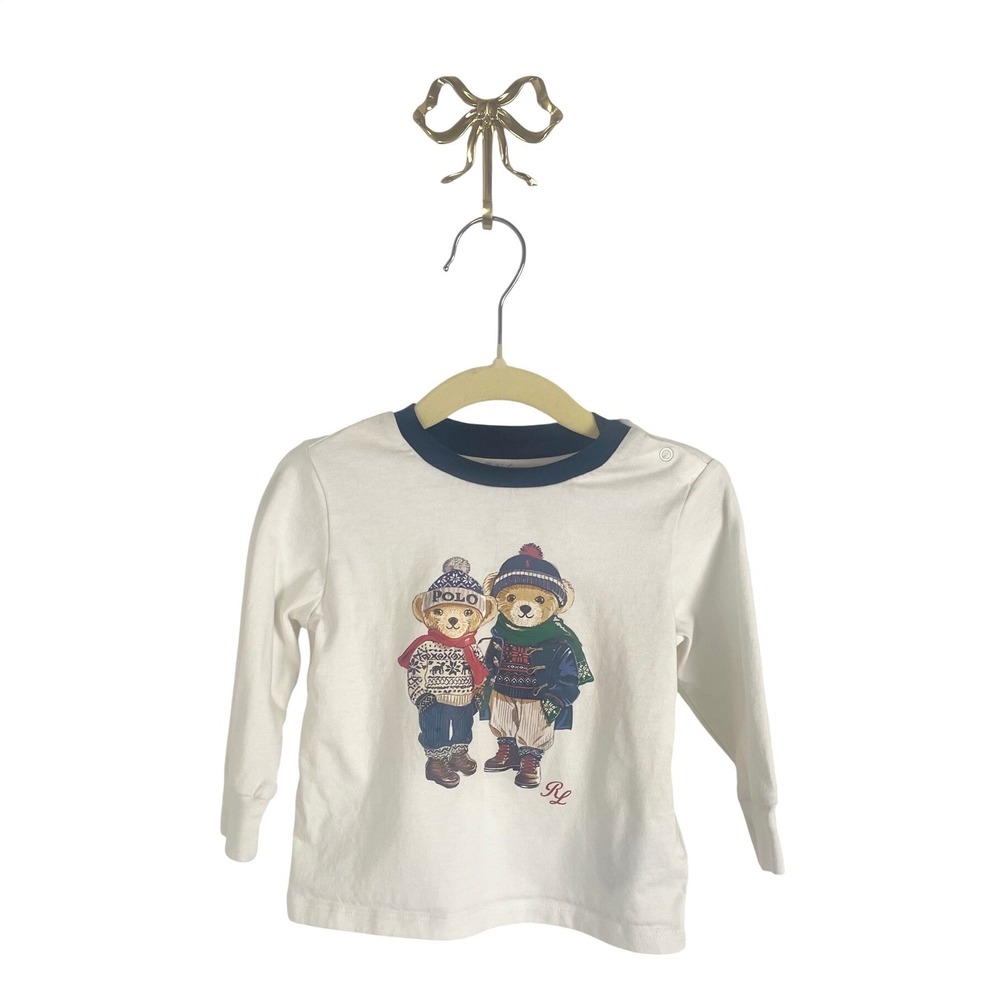 Polo Ralph Lauren Kids White Polo Bear Long Sleeve Graphic Tee 9M Navy Trim